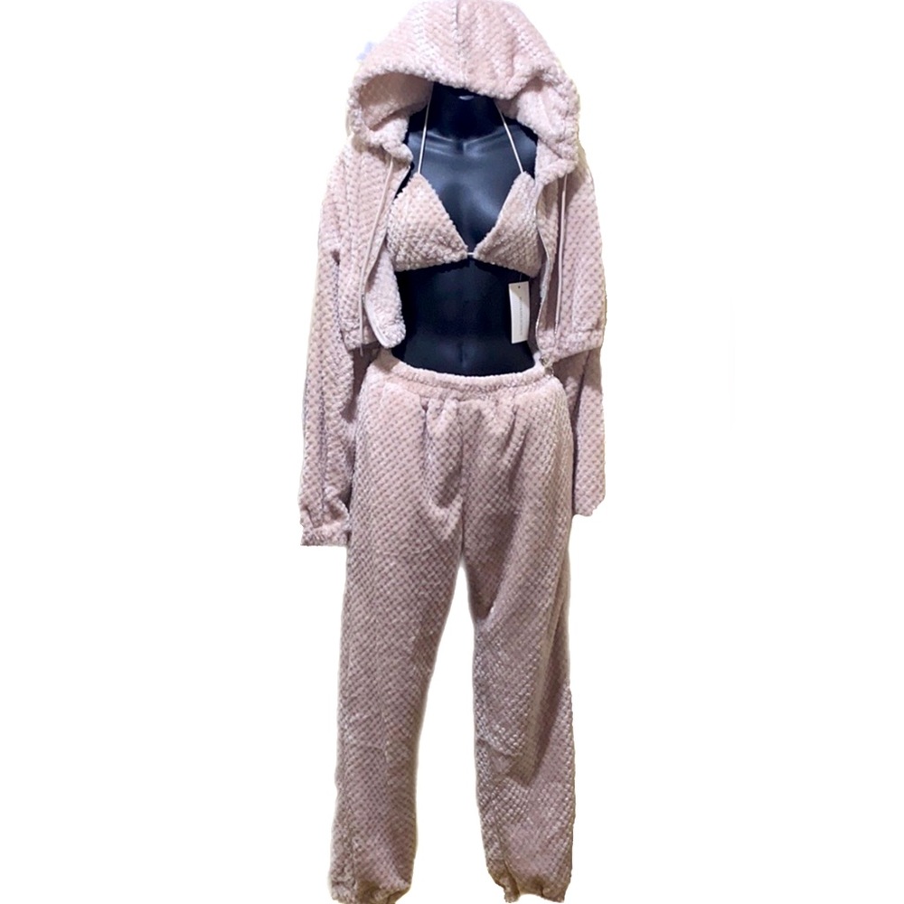 HOT & DELICIOUS TAUPE FAUX FUR BIKINI TOP 3-PC PANTSUIT SZ M